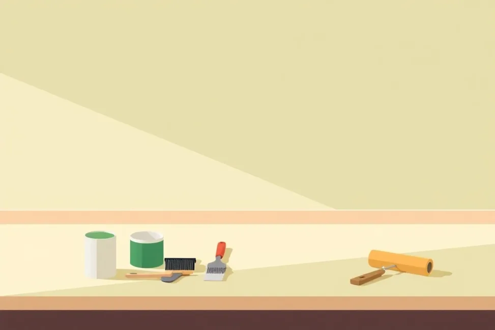 Outils de peinture disposés dans l'ordre des étapes du chantier