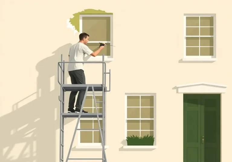 Peintre sur échafaudage traitant la façade d'une maison