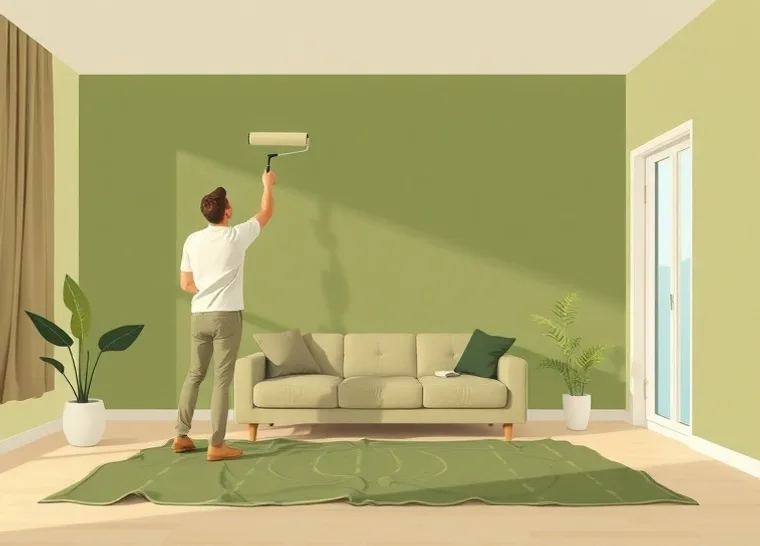 Peintre appliquant la peinture au rouleau sur un mur de salon
